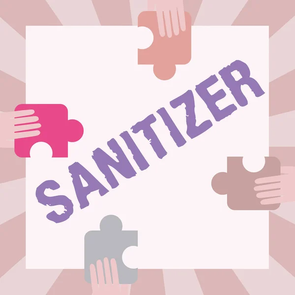 Λεζάντα κειμένου που παρουσιάζει Sanitizer. Επιχειρηματική προσέγγιση υγρό ή πηκτής που χρησιμοποιείται γενικά για τη μείωση μολυσματικών παραγόντων Εικονογράφηση των χεριών που κατέχουν κομμάτια παζλ κάθε πλευρά του πλαισίου. — Φωτογραφία Αρχείου