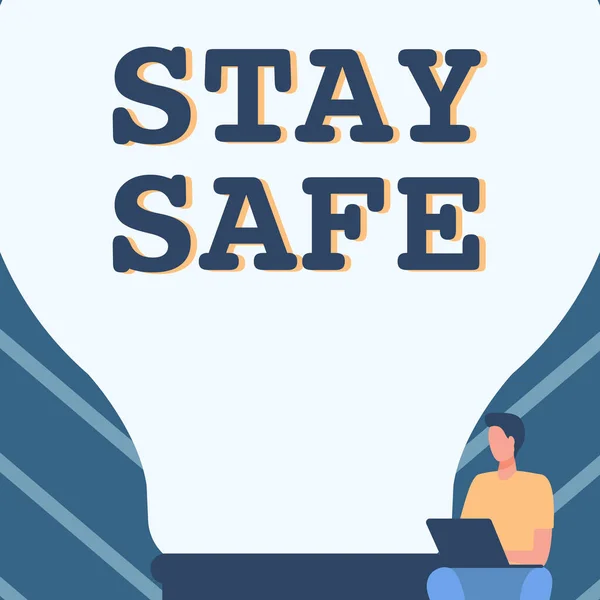 Text showing inspiration Stay Safe. Word for secure from threat of danger, harm or place to keep articles Gentleman Sitting And Using Laptop Beside A Large Light Bulb. — 图库照片
