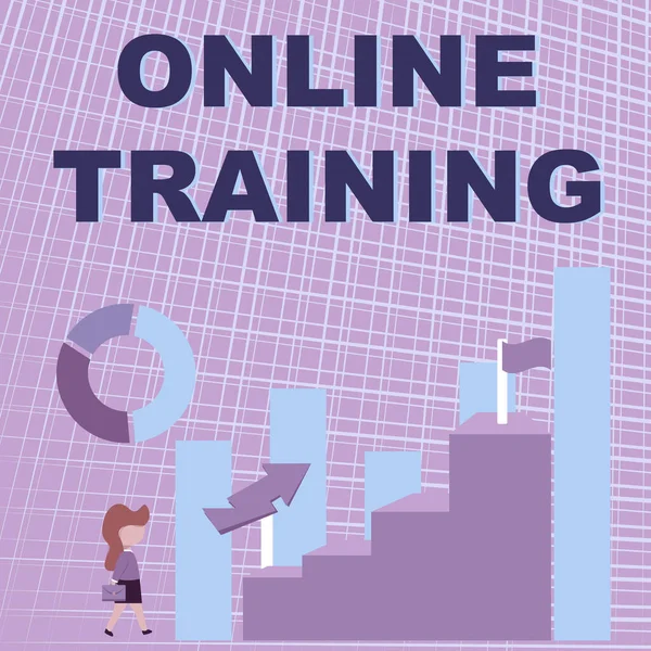 Εννοιολογική λεζάντα Online Training. Έννοια που σημαίνει ότι ορισμένες δεξιότητες διδάσκεται και μπορεί να επιτευχθεί μόνο στο Διαδίκτυο Business Woman Περπάτημα προς μεγάλο γράφημα Εμφάνιση απόδοσης — Φωτογραφία Αρχείου