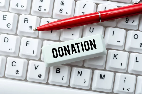 Skriv på och visa Donation. Affärsöversikt något som ges till en välgörenhet, särskilt en summa pengar Skriva enhet Instruktion Manual, Posting Product Review Online — Stockfoto