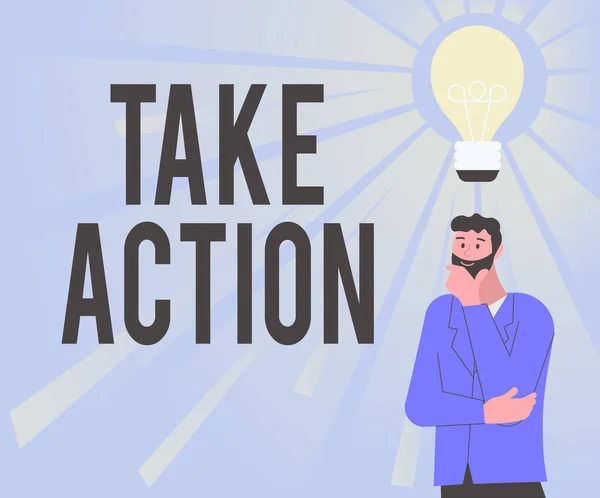 Text som visar inspiration Take Action. Word Skrivet om positiv handling att fatta ett beslut för att lösa problemet Illustration av en man stående Komma upp med nya fantastiska idéer. — Stockfoto