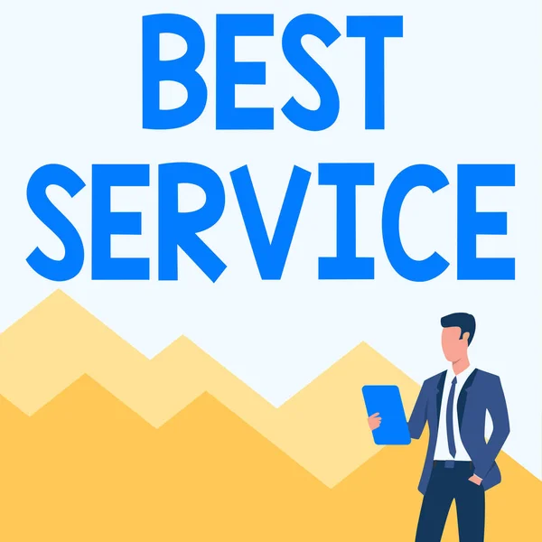 Hand writing sign Best Service. Concept meaning finest reviewed assistance provided by a system to its customer Man In Uniform One Hand In Pocket Standing Holding Computer Tablet. — Foto Stock