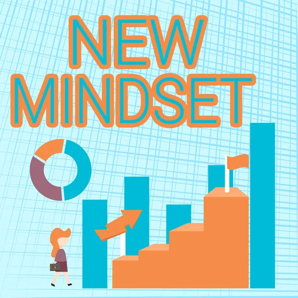 뉴 맨 셋 (New Mindset) 은 다음을 가리킨다. 사람 의 s 를 형성하는 새롭게 형성 된 생각 과 신념에 대한 말로는 성능을 나타내는 거대 한 그래프를 향해 걸어가는 사업가 여성 이 있다. — 스톡 사진