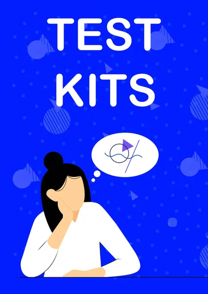 Writing displaying text Test Kits. Business idea tools used to detect the presence of something in the body Illustration Of Lady Thinking Deeply Alone For New Amazing Tactical Ideas. — 图库照片