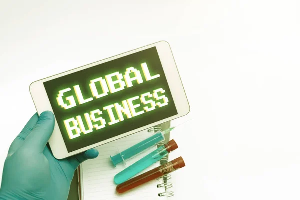 Hand writing sign Global Business. Word for Trade and business system a company doing across the world Advance Medical Technology Laboratory Testing New Virus Medicine — Stockfoto