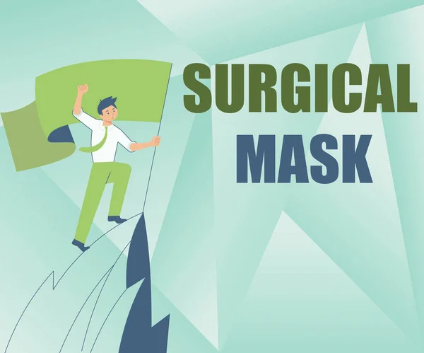 Hand writing sign Surgical Mask. Business showcase worn by health professionals during surgery and during nursing Man On A Mountain Drawing Proud Of His Climbing Success To The Clouds. — Stockfoto