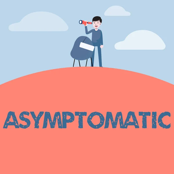 Sign displaying Asymptomatic. Word for a condition or a person producing or showing no symptoms Man Binoculars Illustration Standing Chair With Sign Looking Opportunities. — Fotografia de Stock