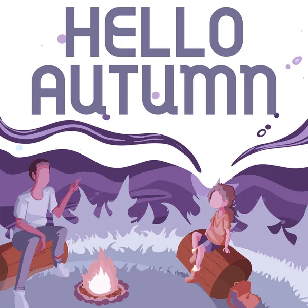 Escribir mostrando texto Hello Autumn. Se corre la voz de que el clima comienza a enfriarse y los árboles pierden sus hojas Padre e hija sentados junto a la fogata disfrutando acampar en el parque — Foto de Stock