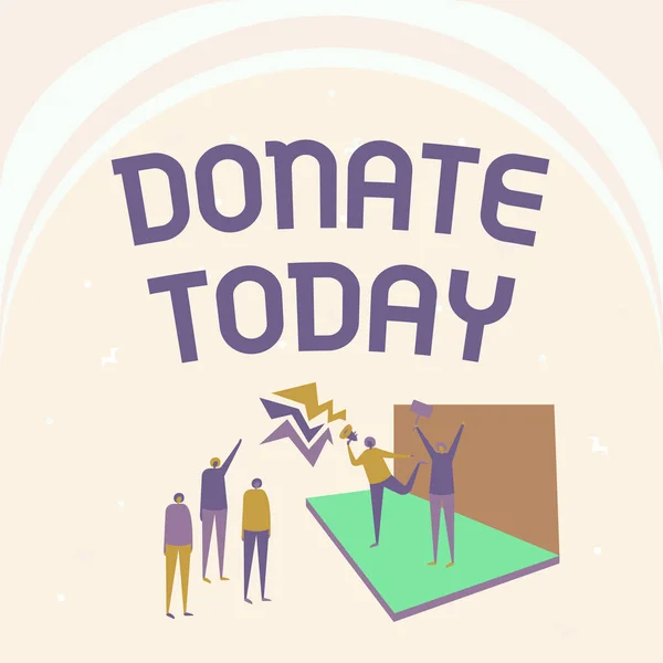 Handwriting text Donate Today. Internet Concept to give like goods, money or time to a person or organization Illustration Of Couple On Stage Making Announcement To The Small Crowd. — Stockfoto
