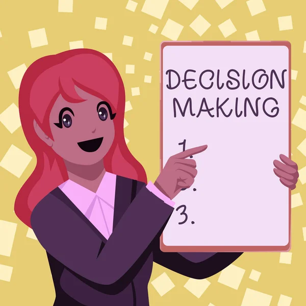 Text showing inspiration Decision Making. Business approach to choose the best option to par with the current situation Business Woman Drawing Holding Blank White Board Presenting Announcements — 图库照片