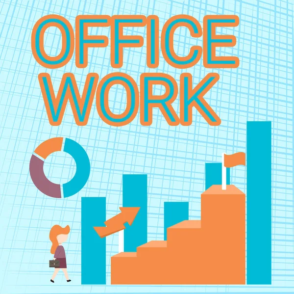 Text showing inspiration Office Work. Business approach a work that primarily happens in the office environment Business Woman Walking Towards Large Graph Showing Performance — Foto Stock