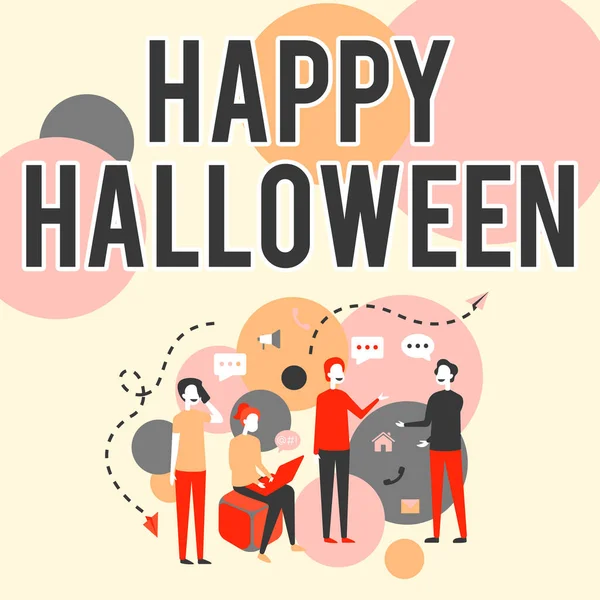 Hand writing sign Happy Halloween. Business overview a day related with scary aspect, haunted house, and a candy Four Colleagues Illustration Having Conversations Brainstorming New Ideas. — стоковое фото