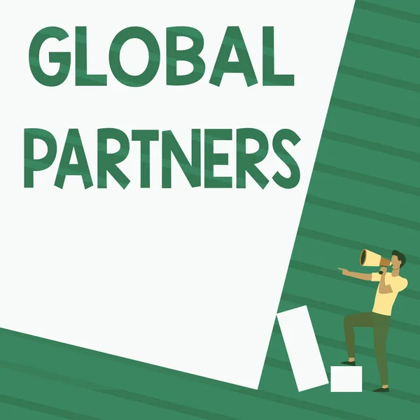 Sign displaying Global Partners. Business overview Two or more firms from different countries work as a team Man Standing Drawing Holding Megaphone Pointing Blank Wall. — Foto Stock