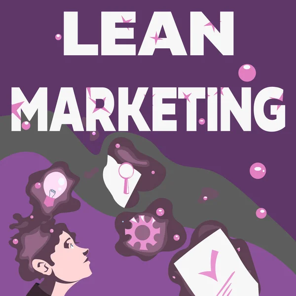 Sign displaying Lean Marketing. Concept meaning in charge of testing retailing strategy and spot which works expertly Illustration Of A Man Standing Coming Up With New Amazing Ideas — стокове фото