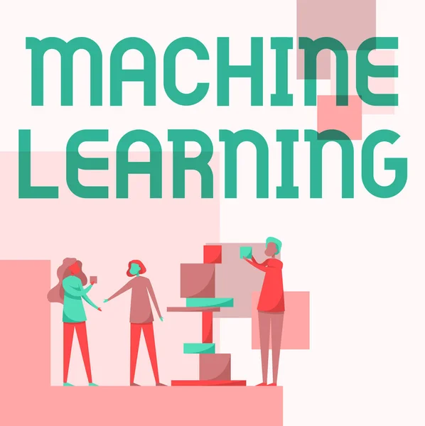 Handwriting text Machine Learning. Business showcase the concept that a computer can learn new data itself Three Colleagues Standing Helping Each Other With Building Blocks. — 图库照片