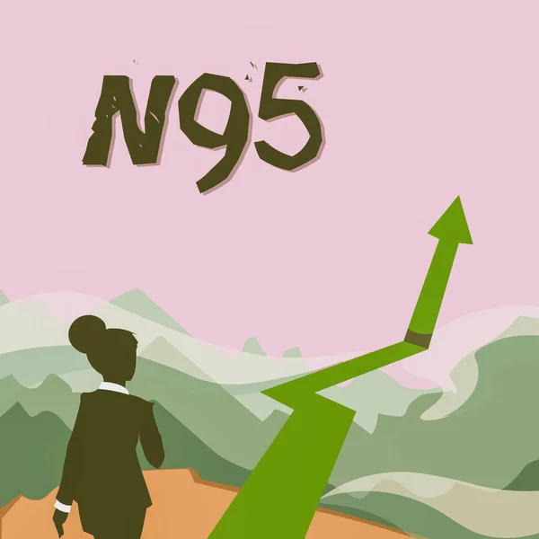 Conceptueel onderschrift N95. Zakelijke aanpak persoonlijke beschermingsmiddelen die worden gebruikt om de drager te beschermen Lady Walking Towards Mountains With An Arrow Marking Success — Stockfoto