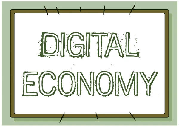 Schreiben von Textanzeigen Digitale Wirtschaft. Geschäftsidee Förderung der Wirtschaft gebaut mit moderner Technologie Line Illustrierte Hintergründe mit verschiedenen Formen und Farben. — Stockfoto