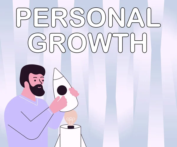 Conceptual caption Personal Growth. Business idea a longterm process which shows the development of a human Illsutration Of Man Holding Rocketship Discovered Ideas Inside. — Stock Photo, Image