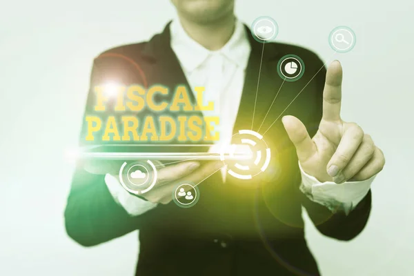 Inspiration showing sign Fiscal Paradise. Concept meaning The waste of public money is a great concern topic Woman In Suit Holding Tablet Pointing Finger On Futuristic Virtual Button. — Foto Stock