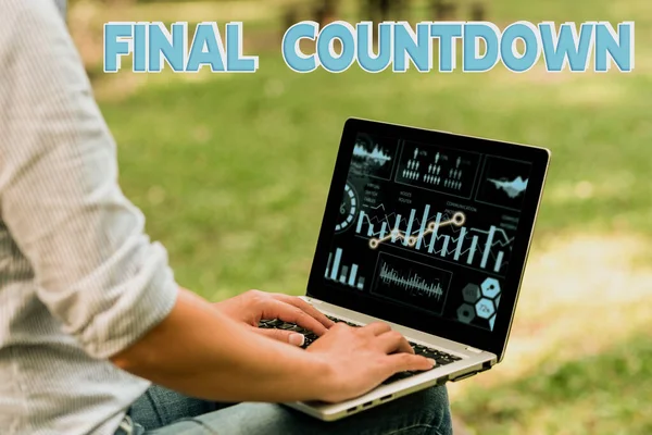Writing displaying text Final Countdown. Word for Last moment of any work having no posibility of discusion Woman Sitting With Latop Alone In The Park Accomplishing Remote Jobs. — Stockfoto