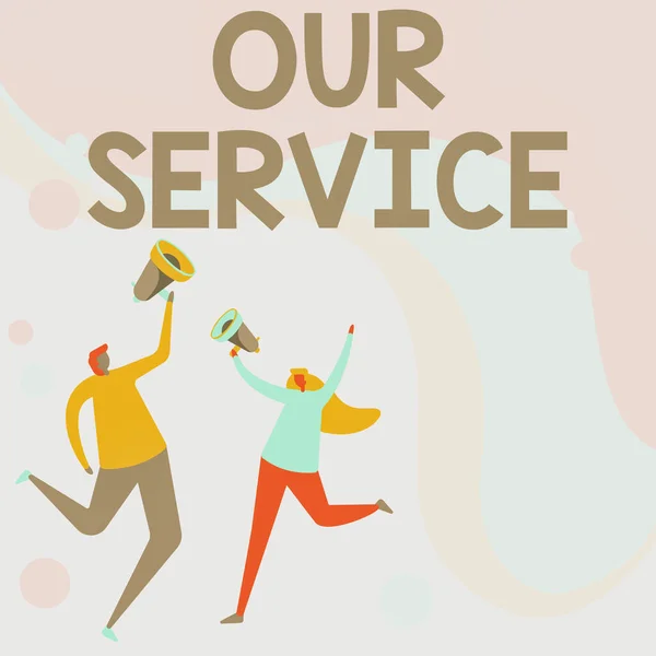 Sign displaying Our Service. Business idea providing assistance to the public with a specific set of skills Illustration Of Partners Jumping Around Sharing Thoughts Through Megaphone. — 图库照片