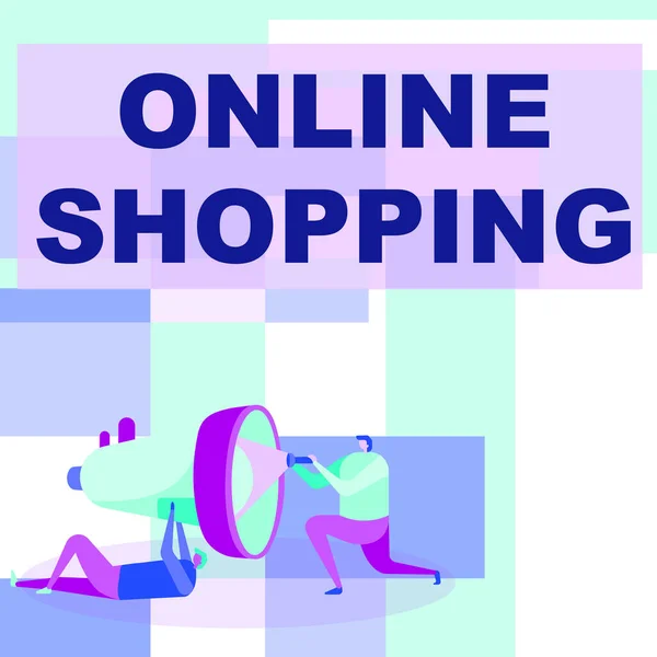 Κείμενο που δείχνει έμπνευση Online Shopping. Εννοιολογική φωτογραφία ηλεκτρονικού εμπορίου που επιτρέπουν στον καταναλωτή να αγοράζουν αγαθά χρησιμοποιώντας τους εργαζόμενους στο Διαδίκτυο Σχέδιο βοηθώντας ο ένας τον άλλο με φακό για να καθορίσει Megaphone. — Φωτογραφία Αρχείου