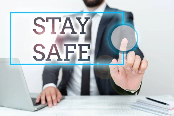 Text showing inspiration Stay Safe. Conceptual photo secure from threat of danger, harm or place to keep articles Remote Office Work Online Presenting Communication Technology — Fotografia de Stock