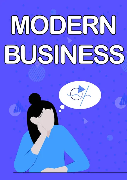 Znak tekstowy pokazujący Modern Business. Biznes showcase niedawny biznes włączone z nowo wprowadzonych pojęć Ilustracja Lady Thinking Głęboko sam na nowe niesamowite pomysły taktyczne. — Zdjęcie stockowe