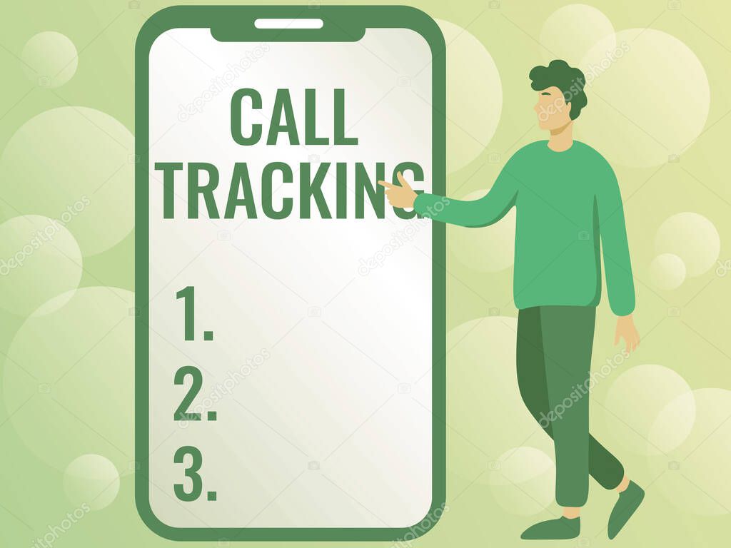 Text sign showing Call Tracking. Word Written on Organic search engine Digital advertising Conversion indicator Man Drawing Standing Next To A Large Phone Pointing Out Technologies.