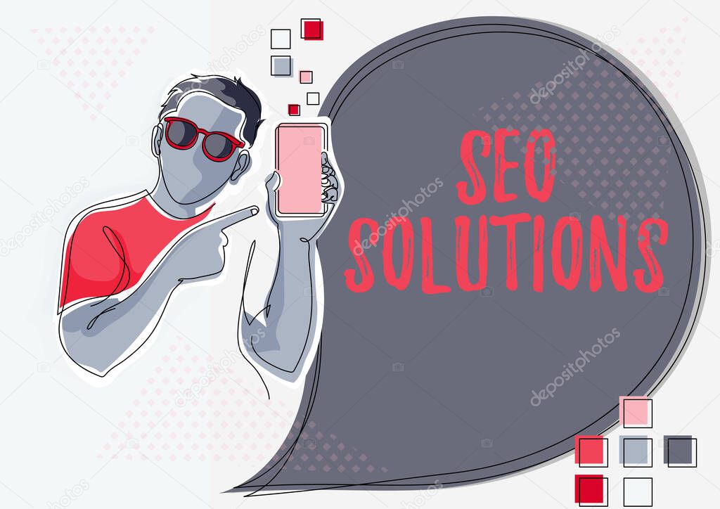 Writing displaying text Seo Solutions. Business concept Search Engine Result Page Increase Visitors by Rankings Line Drawing For Guy Holding Phone Presenting New Ideas With Speech Bubble.