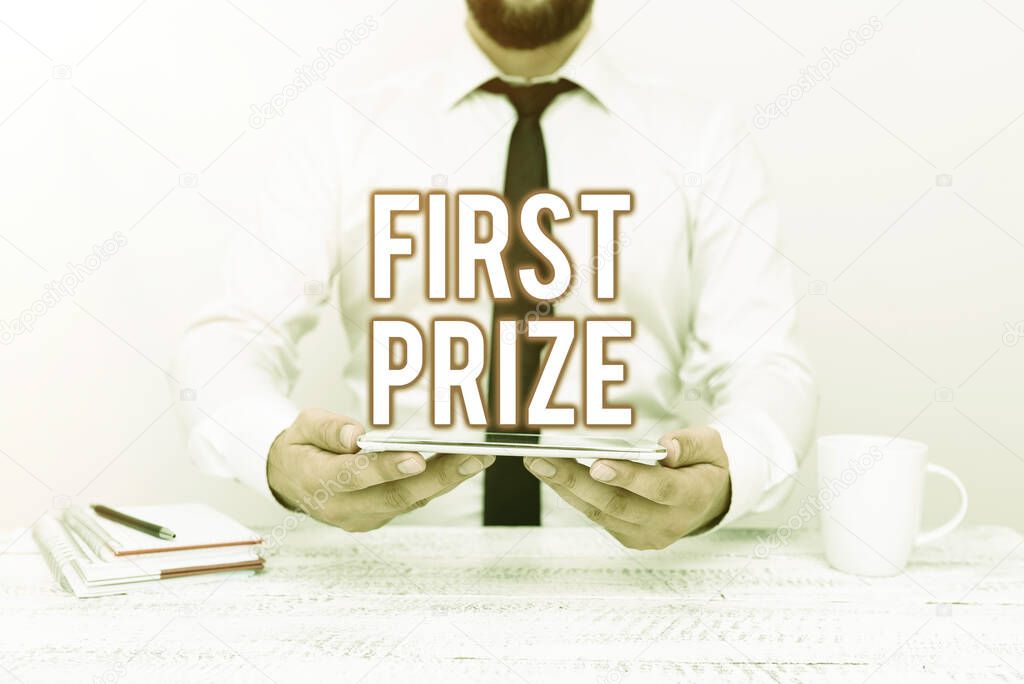 Conceptual caption First Prize. Business overview most coveted prize that is only offered to the overall winner Presenting Communication Technology Smartphone Voice And Video Calling