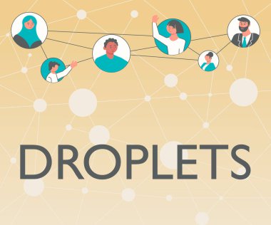 Kavramsal manşet damlaları. İş konsepti, ıslak yerlerde çok küçük bir sıvı damlası bulunabilir. Çemberdeki farklı insanlar sohbet ediyor ve sosyal medyayla bağlantılı..