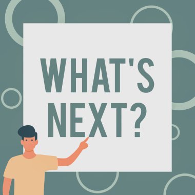 Bir Sonraki Soru 'nun kavramsal görüntüsü. İşletme Fikri. Beyefendiler Sıralamasında çalışmak için herhangi bir strateji ve iş vizyonu bekliyor. Ayakta duran, boş tahtayı işaret eden bir parmak..