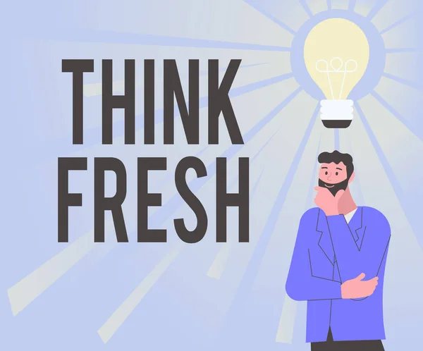 Légende conceptuelle Think Fresh. Les entreprises présentent une nouvelle perspective de la pensée lors de la production d'idées et de concepts Illustration d'un homme debout à venir avec de nouvelles idées étonnantes. — Photo