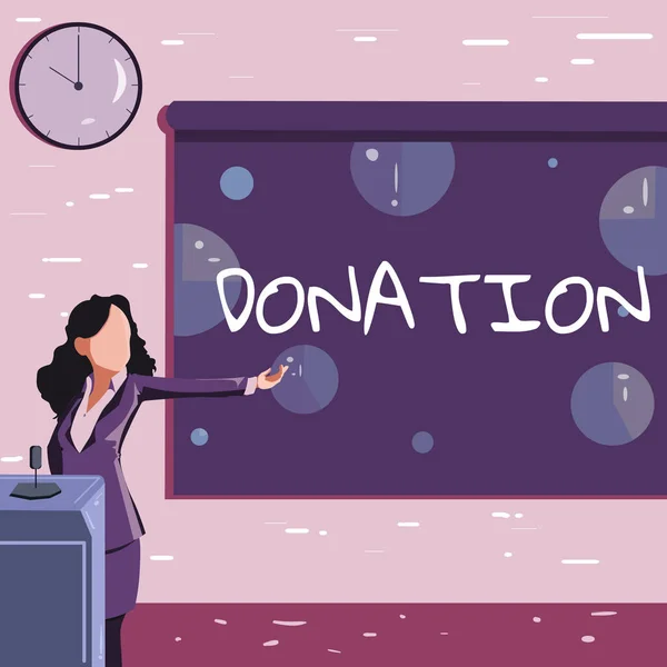 Hand writing sign Donation. Business concept something that is given to a charity, especially a sum of money Lady Drawing Standing Holding Projector Remote Control Presenting Pie Charts — Fotografia de Stock