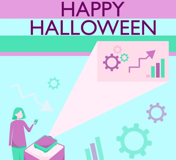 Conceptual display Happy Halloween. Internet Concept a day related with scary aspect, haunted house, and a candy Lady Standing Holding Projector Remote Control Presenting Graph Growth. — стоковое фото