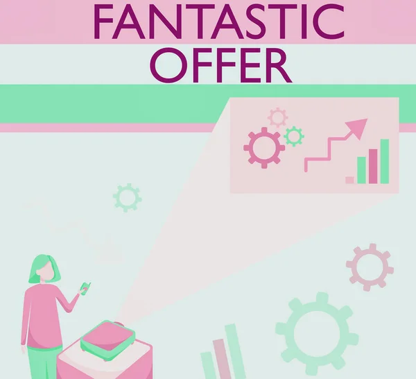 Conceptual display Fantastic Offer. Business showcase a marketing strategy which helps in captivating more customers Lady Standing Holding Projector Remote Control Presenting Graph Growth. — 图库照片