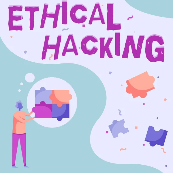 윤리적 해킹을 표시하는 서명. 네 개의 퍼즐 조각을 맞추면서 서 있는 사람을 시험하기 위해 네트워크를 뚫기 위한 사업 전 시장. — 스톡 사진
