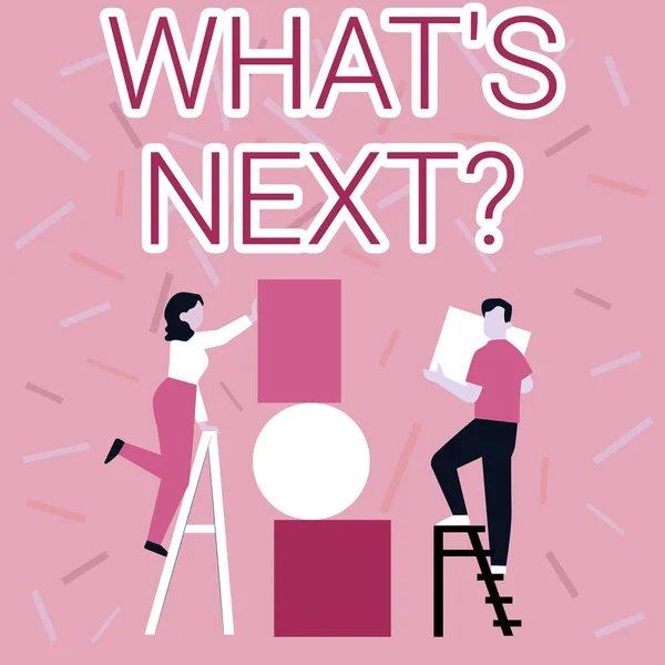 Sign displaying Whats Next Question. Word Written on Expecting Any Strategy and Business vision for work in Sequence Couple Drawing Using Ladder Placing Big Empty Picture Frames To A Wall. — 图库照片