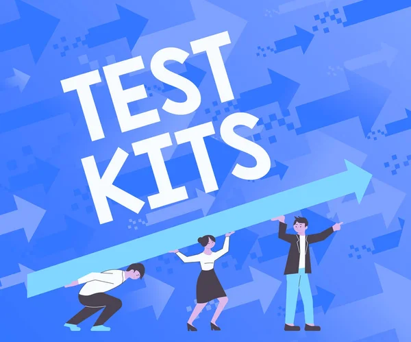 Sign displaying Test Kits. Concept meaning tools used to detect the presence of something in the body Four Colleagues Drawing Standing Holding Large Arrow For Success. — 图库照片