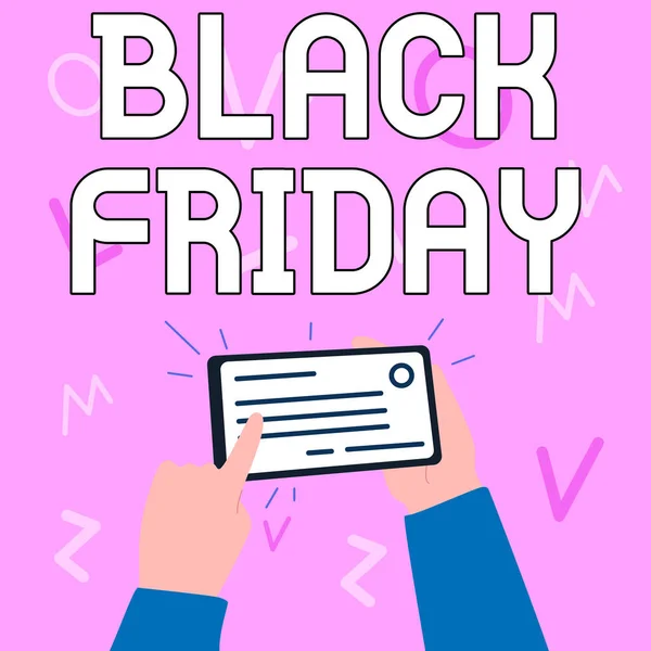 Skriv under på Black Friday. Internet Koncept en dag där säljaren markera sina priser ner exklusivt för köpare Illustration av Hand Innehav Viktiga ID-kort Peka det. — Stockfoto