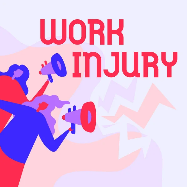 Inspiration showing sign Work Injury. Business approach an accident occurred as a result of labor resulting to an damage Women Drawing Holding Megaphones Making Announcement To The Public. — 图库照片