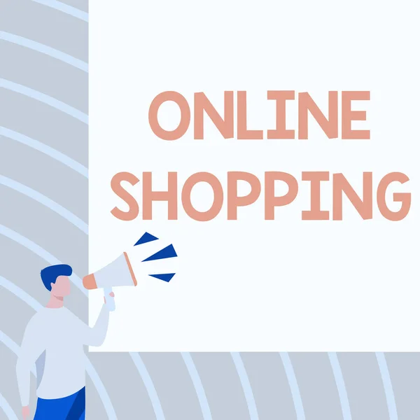 Tekenen weergeven van online winkelen. Woord Geschreven op e-commerce waarmee de consument goederen te kopen met behulp van het internet Zakenman Tekenen Talking Through Megaphone Making New Announcement. — Stockfoto