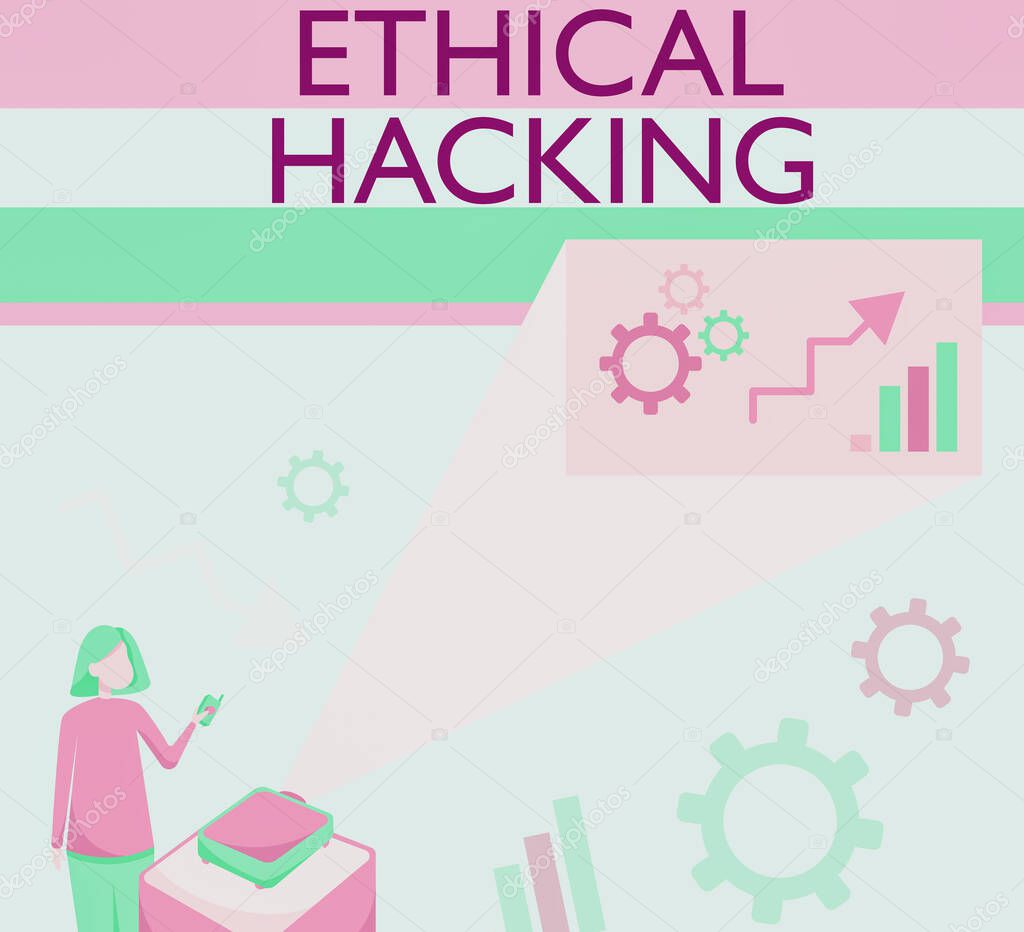Sign displaying Ethical Hacking. Word Written on a legal attempt of cracking a network for penetration testing Lady Standing Holding Projector Remote Control Presenting Graph Growth.