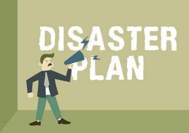 Kavramsal görüntü Felaket Planı. İş yaklaşımı: Acil Durum Hazırlık Hayatta Kalma ve İlk Yardım Çantası Adam Megafonun Üzerinde Bağrışma Yeni Duyuruyu Sunar.