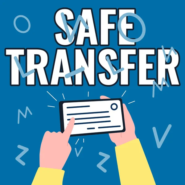 Text sign showing Safe Transfer. Internet Concept Wire Transfers electronically Not paper based Transaction Illustration Of Hand Holding Important Identification Card Pointing It. — Foto Stock