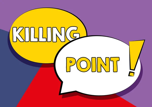 Text sign showing Killing Point. Business idea Phase End Review Stage Gate Project Evaluation No Go Two Colorful Overlapping Speech Bubble Drawing With Exclamation Mark. — Fotografia de Stock