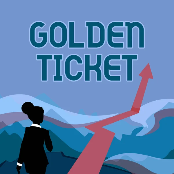 Fogalmi felirat Golden Ticket. Internet Concept Eső Check Access VIP Passport Box Office Seat Event Lady Walking towards Mountains With an Arrow Marking Success — Stock Fotó