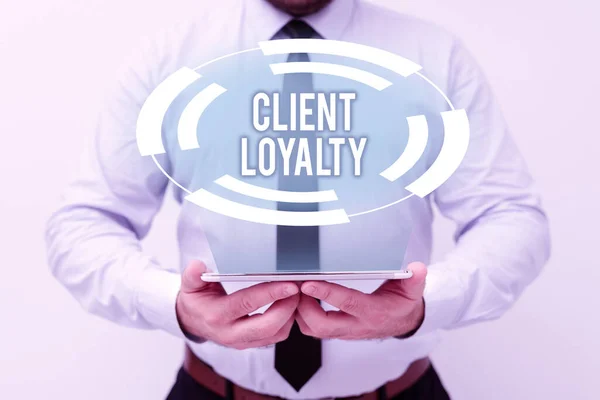 Sign displaying Client Loyalty. Word for The result of consistently positive satisfaction to clients Presenting New Technology Ideas Discussing Technological Improvement — Stock Fotó