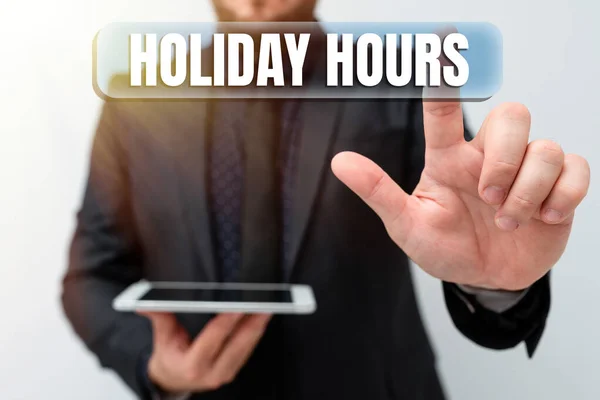 Text caption presenting Holiday Hours. Conceptual photo Schedule 24 or7 Half Day Today Last Minute Late Closing Presenting New Technology Ideas Discussing Technological Improvement — 图库照片